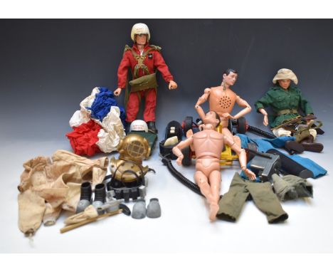 Five Action Man figures and a large collection of outfits and accessories including Deep Sea Diver, RNLI Sea Rescue, Red Devi