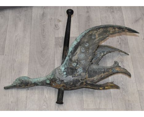 Patinated metal flying swan or duck with hollow mount, possibly for a weather vane, H48 x L59cm