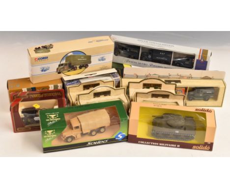 Fourteen Corgi, Solido, Matchbox, Lledo and similar diecast model vehicles including military vehicles, tanks etc, all in ori