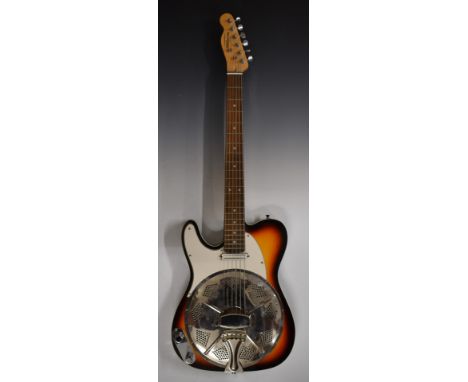 Left handed electric resonator guitar by Chord, modified by Sollophonic, in lacquered sunburst finish, in Stagg gig bag, toge