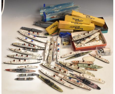 A large collection of mainly Tri-ang Waterline 1:1200 scale diecast model ships and boats, some in original boxes.&nbsp;