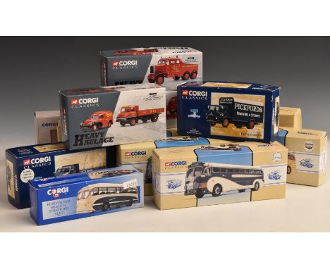 Thirteen Corgi Classics diecast model vehicles including 98462 Greyhound Lines Yellow Coach 743, 97911 Scammell Scarab Britis