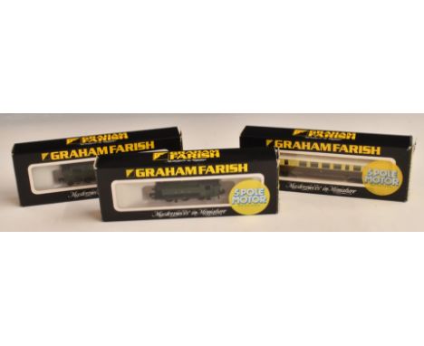 Three Graham Farish N gauge GWR model railway locomotives Diesel Railcar 8174, Prarie Tank 1604 and Class 9400 Pannier Tank 1