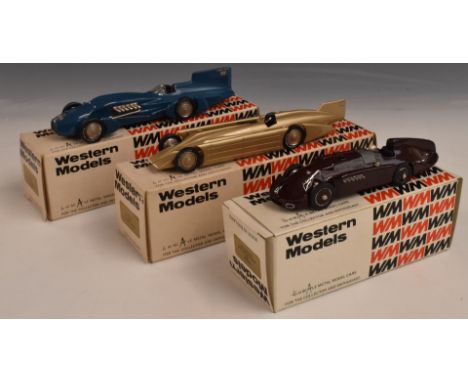 Three Western Models 1:43 scale diecast model vehicles 1929 Golden Arrow WMS 15, 1933 Campbell Rolls Royce Bluebird WMS 9 and