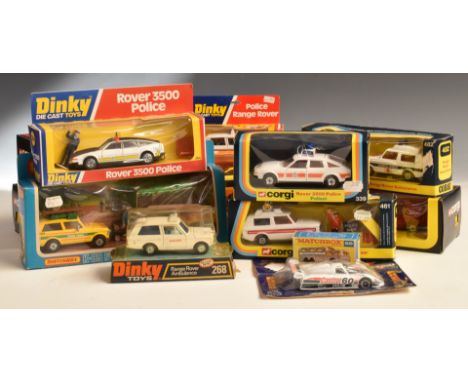 Sixteen mainly Dinky and Corgi diecast model vehicles including 264 Rover 3500 Police, 268 Range Rover Ambulance and 192 Rang