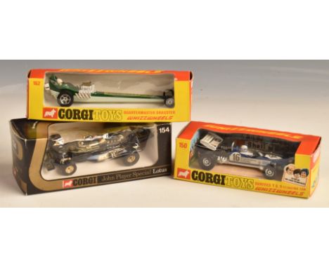 Three Corgi diecast model vehicles comprising 162 Quartermaster Dragster, 150 Surtees T.S. 9 F/1 Racing Car and 154 John Play