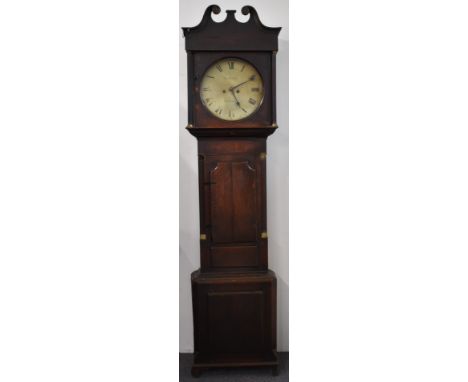 19thC oak and mahogany cased 8 day longcase clock with painted circular Roman dial by Chas Walford, quarter reeded pillar to 