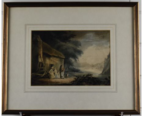 J Fryer (1808) painting of the Upper Severn, possibly Wales, showing a family with a dog outside a thatched cottage, and two 