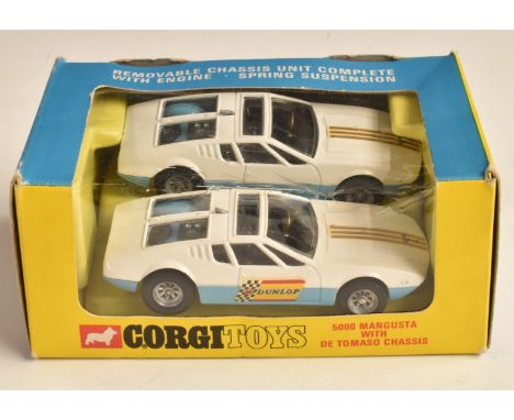 Two&nbsp;Corgi Toys diecast model 5000 Mangusta with De Tomaso Chassis and spring suspension cars, one in original box.