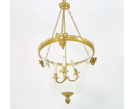 Of bell dome shape, applied with gilt-bronze mounts cast with ram's heads masks.Overall height including chains 40 in (101.5 