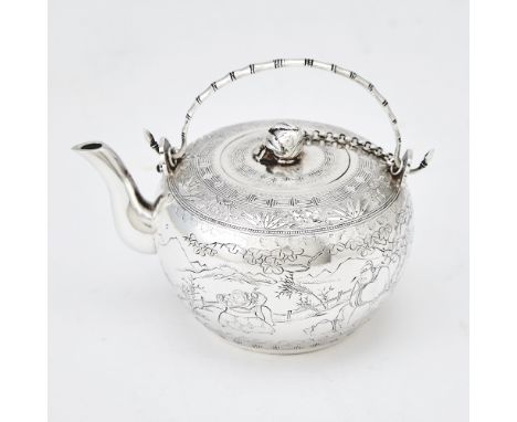 The globular-form body engraved with figures in a landscape, with overhead swing faux bamboo handle, the loose cover with a b