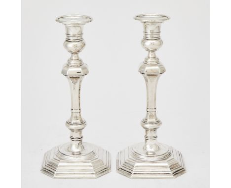 Each faceted knopped stem on a square base with cut corners.  Height 11 1/2 inches (29.2 cm), weighted.Wyler, New York, 1980s