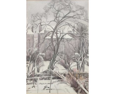 Φ Percy Hague Jowett (1882-1955)Garden Under Snow, PutneyDated 9.1.24 (lower left)Pencil and watercolour33 x 24.7 cmProvenanc