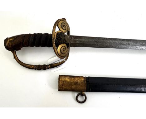 A 19th century sword, the blade with engraved decoration, and indistinctly signed, with a scabbardBlade has had some surface 