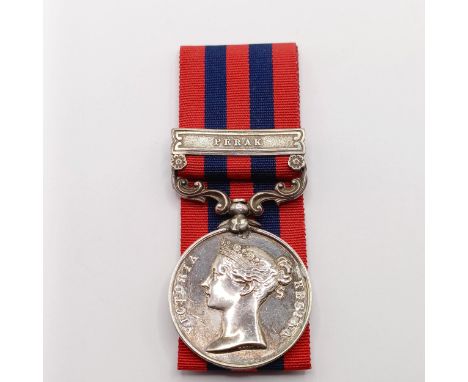 An India General Service Medal, awarded to T Mason Pte R M HMS Ringdove, with Perak clasp  Provenance:  From a lifetime of me