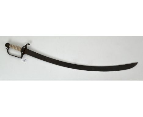 An early 19th century naval sword, the curved blade with traces of a gilt armorial, and other emblems, with an ivory handle, 