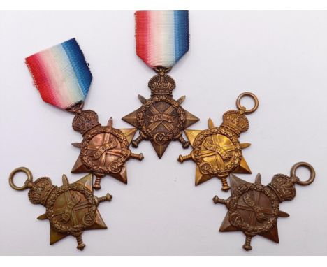 Four 1914-15 Stars, awarded to 1143 Pte J Jenner R Fus, 310423 J Speke SPO RN, 41832 Cpl E Hammond RAMC, 200454 H C Brudenell