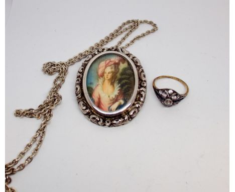 Oval portrait miniature on ivory depicting an 18th century lady, monogrammed CATI,  in oval brooch/pendant frame, with chain 