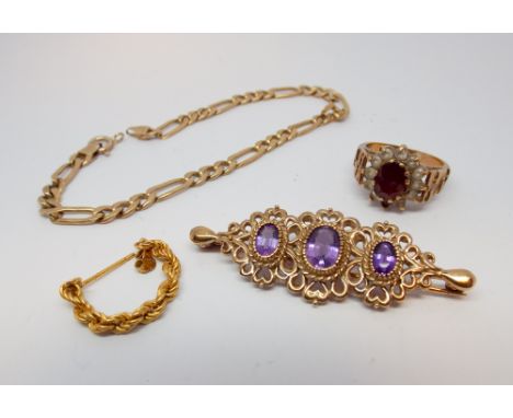 9ct gold chain bracelet and an earring ( weight 3.6 grams) together with a garnet dress ring on 9ct shank and an amethyst thr