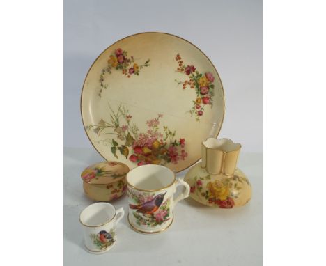 Collection of Royal Worcester blush ivory and other items to include two hand painted miniature tankards decorated with finch