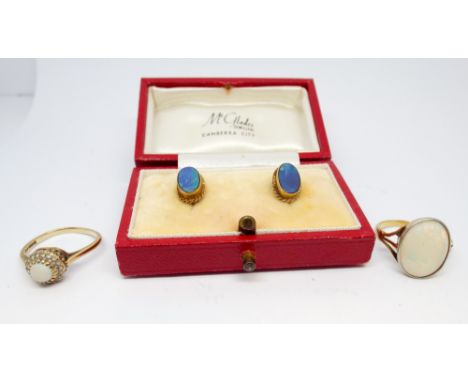 18ct gold and platinum opal dress ring, 9ct opal ring and a pair of opal doublet earrings