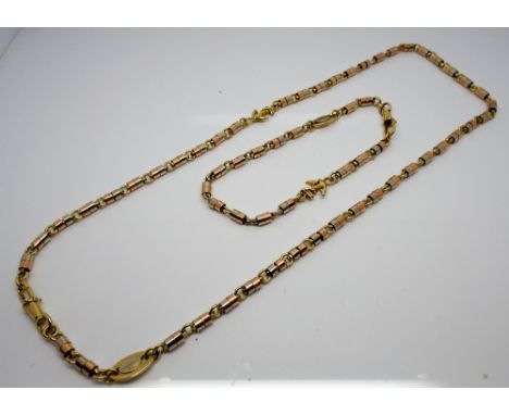 Turkish 2 tone gold modern tubular link chain bracelet, chain necklace and matching bracelet - marked with anchor motif.  Mar