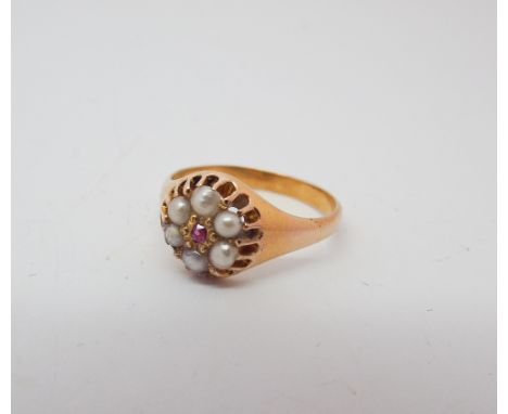 Victorian 18ct gold pearl and ruby cluster ring, size K