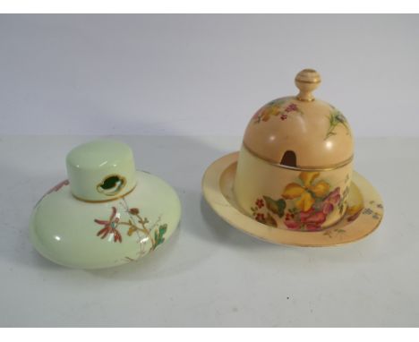 Royal Worcester blush ivory honey box and cover and a small Royal Worcester pot pourri with black printed marks dated 1914 wi