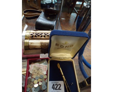 Small bone trinket box, opera glasses and a plated tie pin 