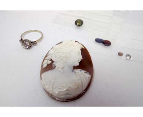 Estate sale - a French solitaire diamond ring,size N,  oval unframed shell cameo and a collection of loose gem stones - 2 dia