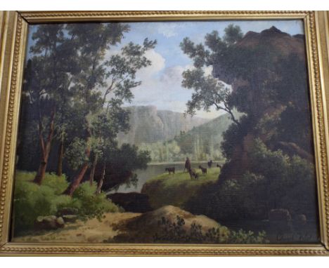 Oil on canvas painting depicting Swiss landscape with goat herder signed lower right Joseph Vela in a swept gilt frame.  Imag
