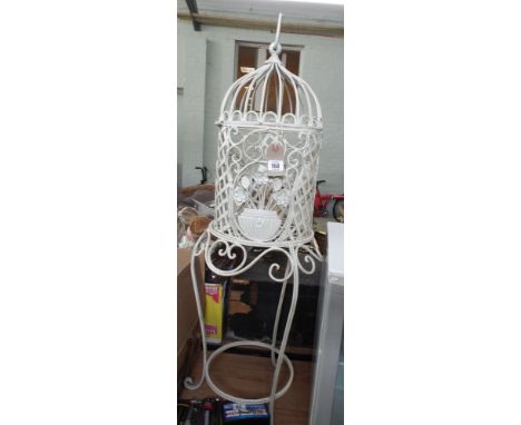 Ornate bird cage style cream painted metal planter on stand 