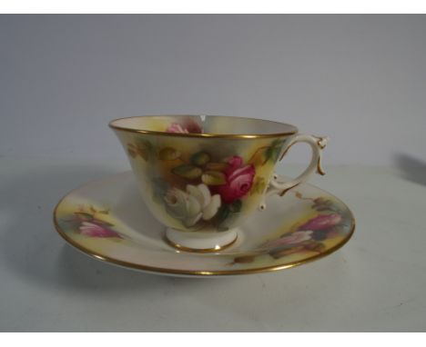 Royal Worcester cabinet cup and saucer painted with roses signed M Hunt 