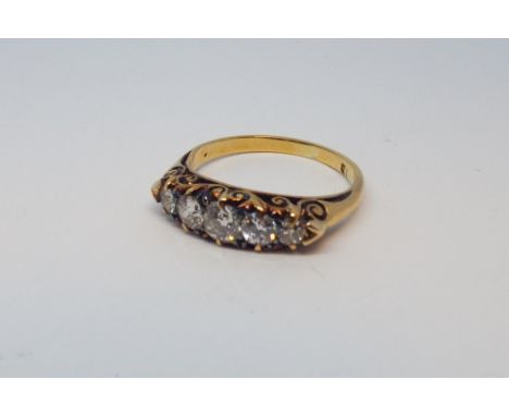 Victorian 5 stone diamond ring in an 18ct yellow gold carved setting ring size P 