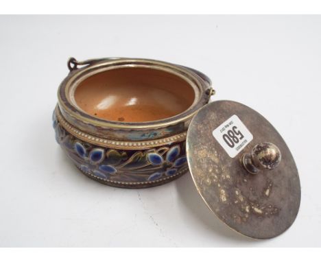 Victorian stoneware sugar basin with silver plated mounts and lid impressed W M