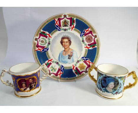 2 Aynsley limited edition commemorative royal mugs and a Royal Worcester limited edition Queen Elizabeth II commemorative pla