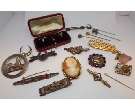 A collection of Victorian and later brooches, stick pins, heart shaped clip earrings etc 