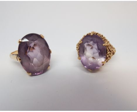 Two 9ct yellow gold amethyst dress rings, ring size 'N' and 'O'