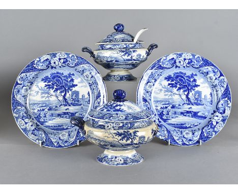 A pair of Spode blue and white tureens and covers, both af together with a pair of blue and white Rockingham plates with coun