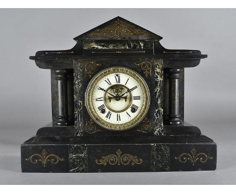 An American ansonia slate mantel clock, of architectural shape with marble decoration, white enamel face and roman numerals, 