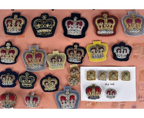 A collection of cloth and bullion Warrant Officer badges, including Women's Royal Army Corps, Royal Irish,  and more, various