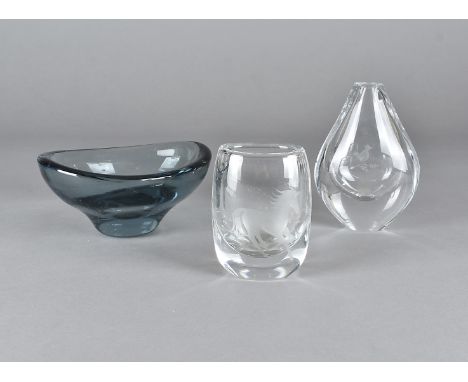 Three 1950s and later glass items, including a Holmegaard freeform bowl probably by Per Lutken, 16.5cm wide, an Afors glass v