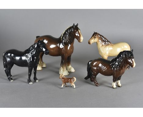 Beswick horses, comprising three ponies and a model of a shire (4)rubbing to the horses' hooves, several light scratches to t