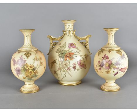 A Royal Worcester blush ivory garniture, comprising a large bulbous twin handled vase, with central floral design heightened 