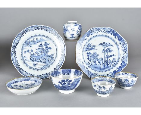 A collection of Chinese blue and white exportware, comprising a set of three pagoda decorated plates, an octagonal plate, a f