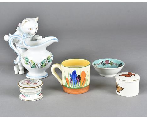 A Clarice Cliff coffee can, crocus pattern, a 19th Century prattware dressing table jar and cover, a Goss butterfly pot and c