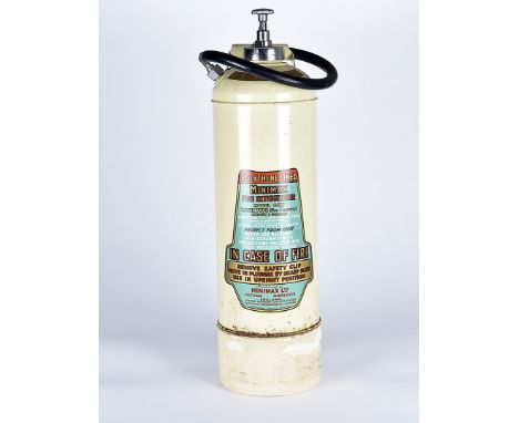 A vintage Minimax 4CW fire extinguisher, the cream painted body with original sticker to front and top, complete with wall br