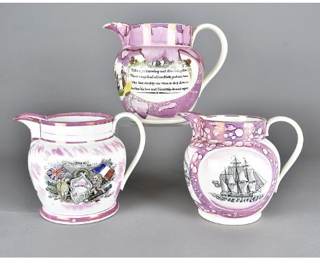 A Sunderland lustre commemorative Crimea jug, depicting the trophies of war against the French and union flag bearing the mot