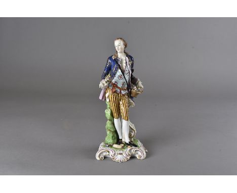 A 19th century Derby figure, of a gentleman dandy with a basket of flowers on rococo base AF 26.5 cm H, together with a 19th 
