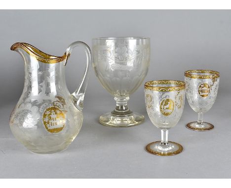 A 19th Century oversize cut glass goblet, decorated with engraved hops and barley, 21 cm high together with a 19th Century bo